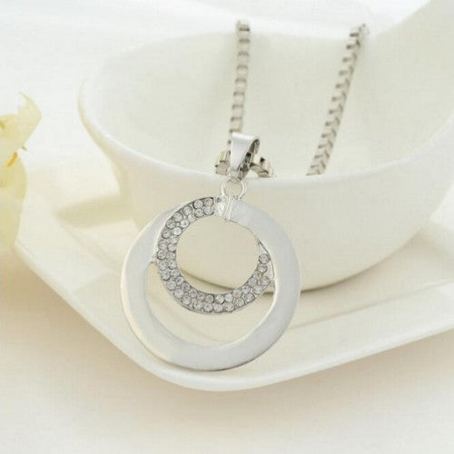 Long Chain Women Fashion Crystal Rhinestone Chunky Silver Plated Double Circle Pendant Necklace