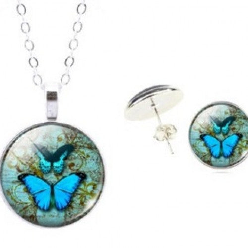 Butterfly Art Picture Glass Pendant Chain Necklace Earrings Set Sterling Silver Jewelry Set For Women Accessories Fine Jewelry