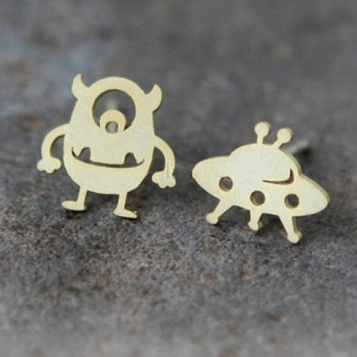 UFO stud earrings for women fashion jewelry Christmas gift, Stainless steel cute gold astronomer universe alien